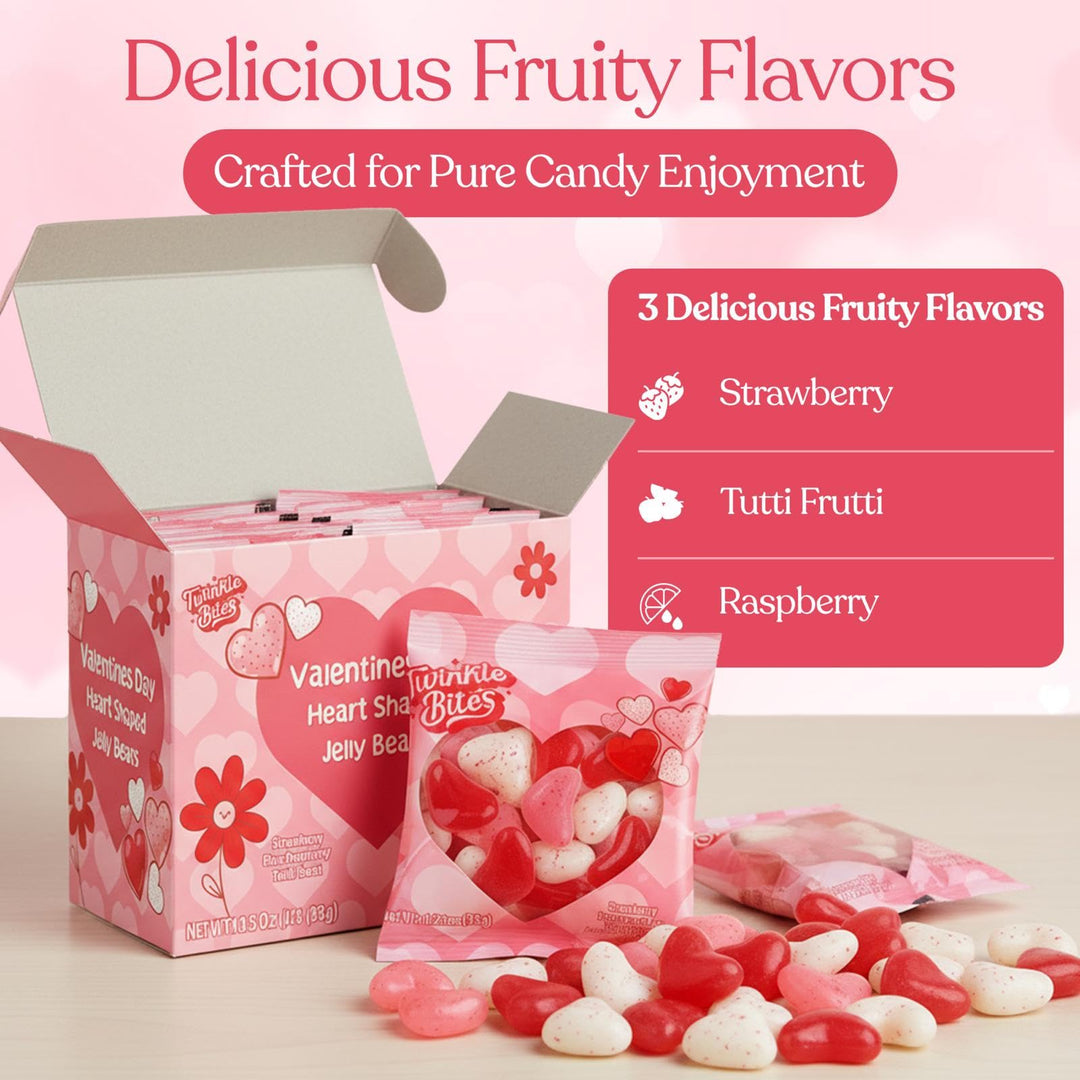Sachet de 15 bonbons gélifiés pour la Saint-Valentin – Bonbons en forme de cœur en vrac – Saveurs délicieuses : fraise, tutti frutti, framboise – Bonbons d'amour pour la Saint-Valentin