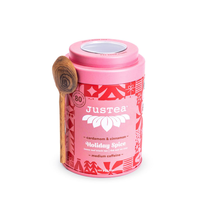 JusTea Holiday Spice Loose Leaf Black Tea | 100g Tin with Carved Tea Spoon | 40+ Servings | Fair Trade & Organic - Canadian Distribution - Ships Free Within Canada on Orders Above CAD $199