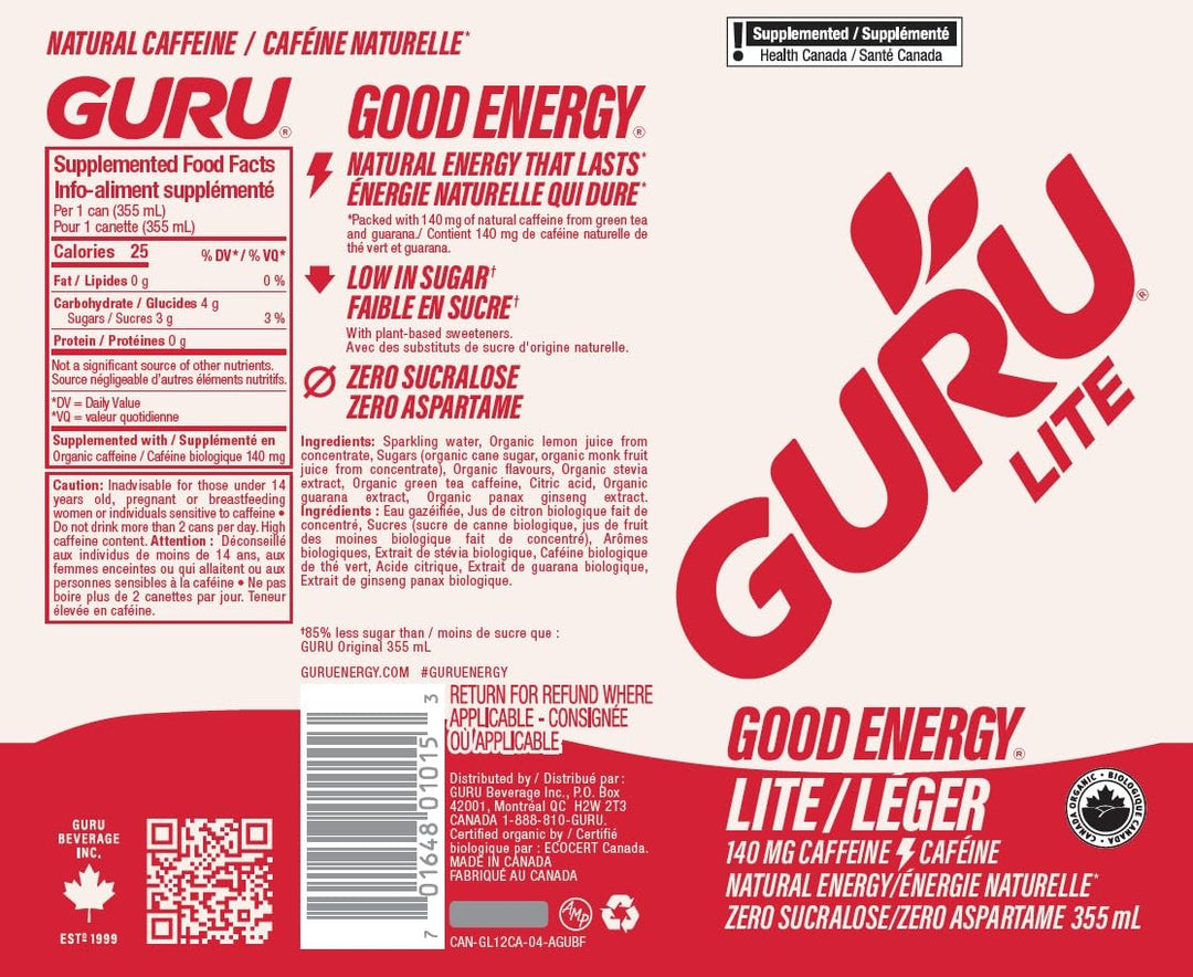 GURU – Organic Energy Drinks – Variety Pack – 24 × 355 ml – 140mg Caffeine