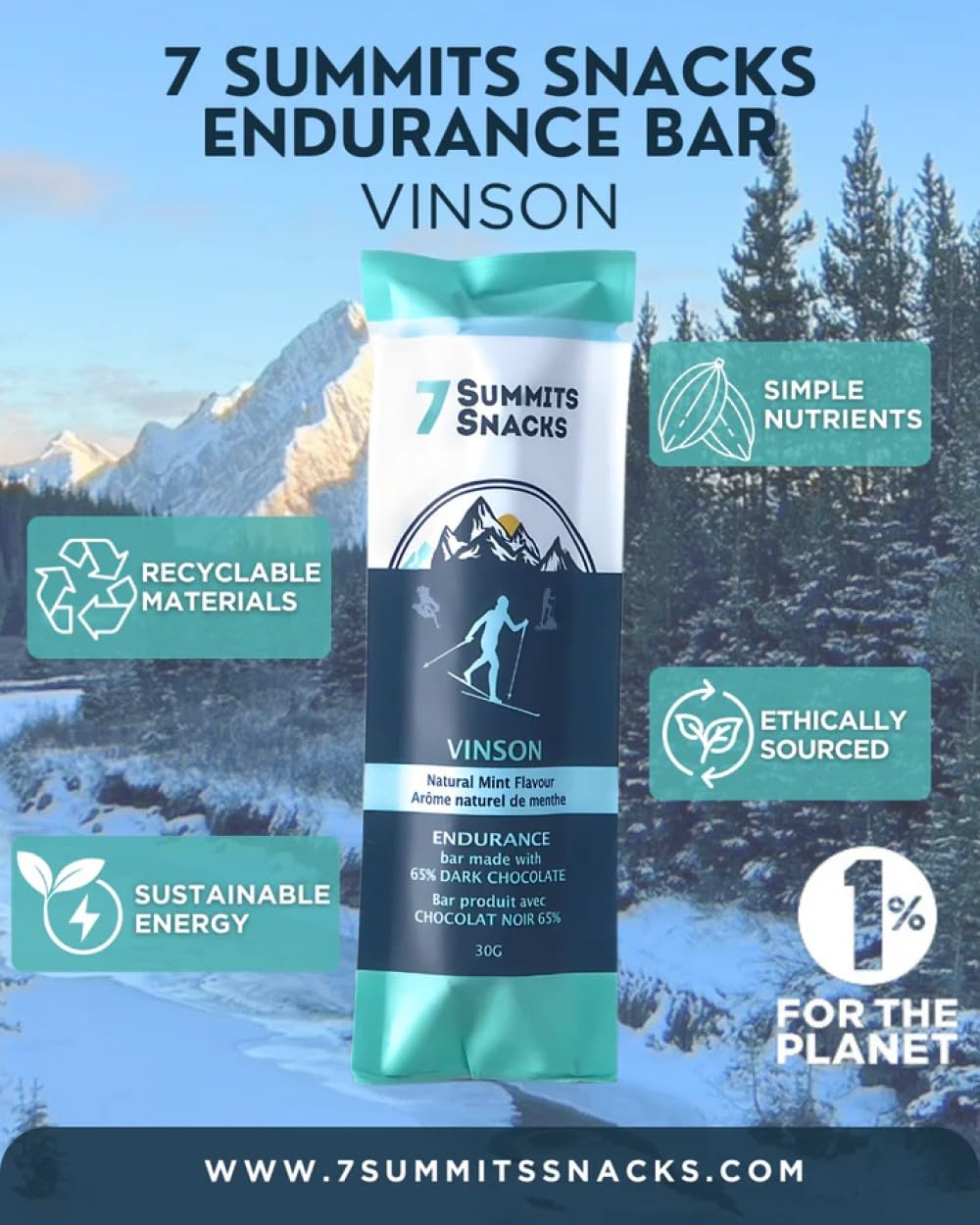 7 Summits Snacks Vinson Endurance Chocolate Bar 12x31g - Canadian Distribution - Ships Free Within Canada on Orders Above CAD $199
