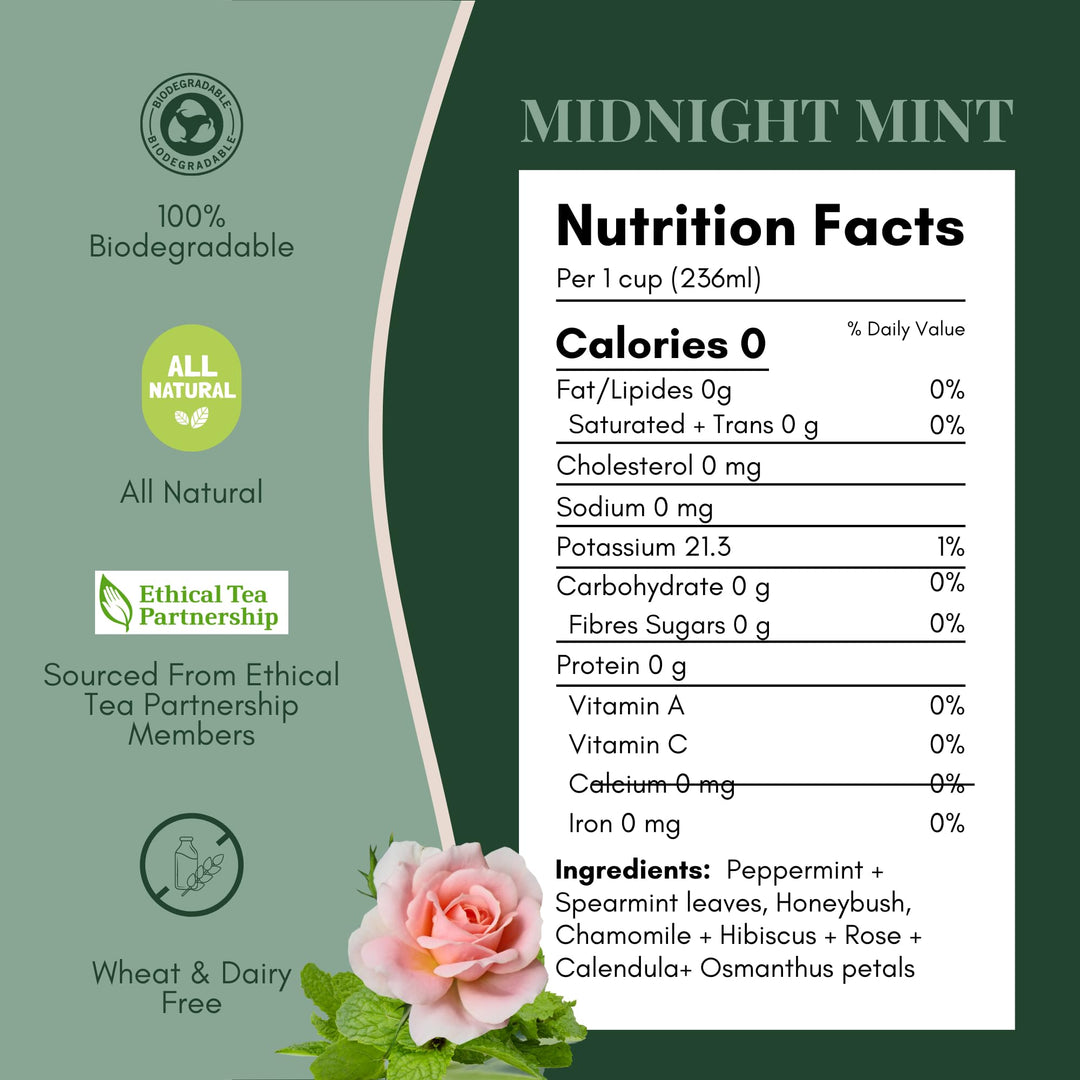 Tease Tea Organic Midnight Mint - Caffeine-Free Herbal Digestive Blend with Peppermint, Spearmint & Peach - Canadian Distribution - Ships Free Within Canada on Orders Above CAD $199