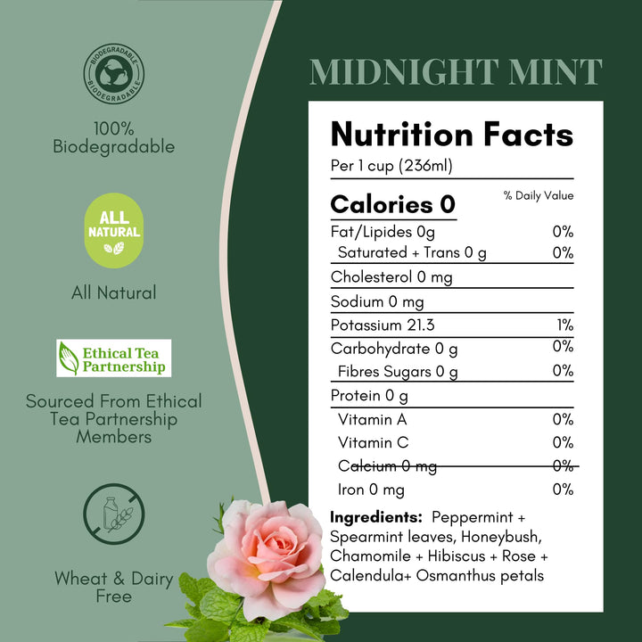 Tease Tea Organic Midnight Mint - Caffeine-Free Herbal Digestive Blend with Peppermint, Spearmint & Peach - Canadian Distribution - Ships Free Within Canada on Orders Above CAD $199