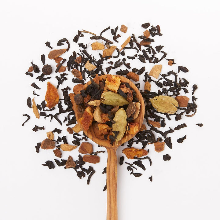 JusTea Holiday Spice Loose Leaf Black Tea | 100g Tin with Carved Tea Spoon | 40+ Servings | Fair Trade & Organic - Canadian Distribution - Ships Free Within Canada on Orders Above CAD $199