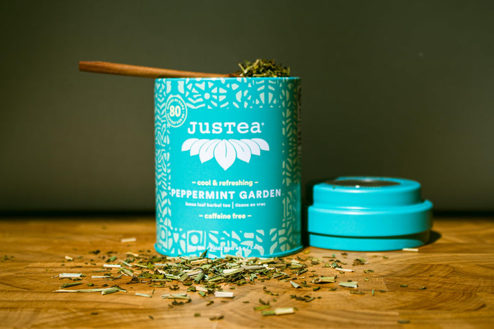 JusTea Peppermint Garden Loose Leaf Herbal Tea | Tin with Hand-Carved Spoon | 40+ Cups (45g) | Caffeine-Free | Award-Winning | Fair Trade - Canadian Distribution - Ships Free Within Canada on Orders Above CAD $199