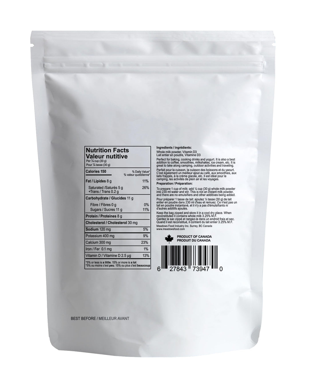 The Meadows – Whole Milk Powder – Canadian, rBGH/rBST Free – 500g