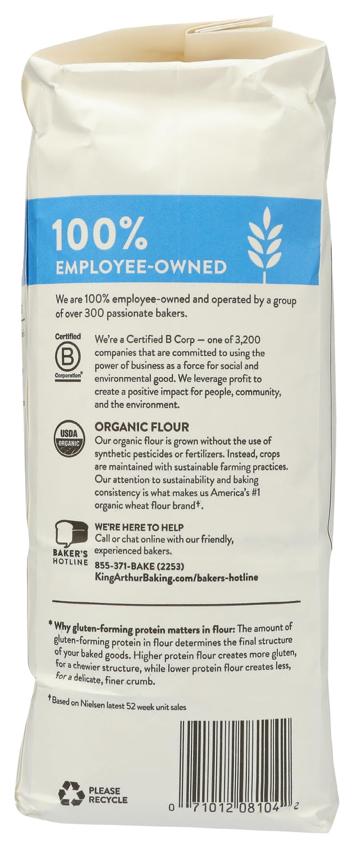 Back of a flour bag with certification labels and text