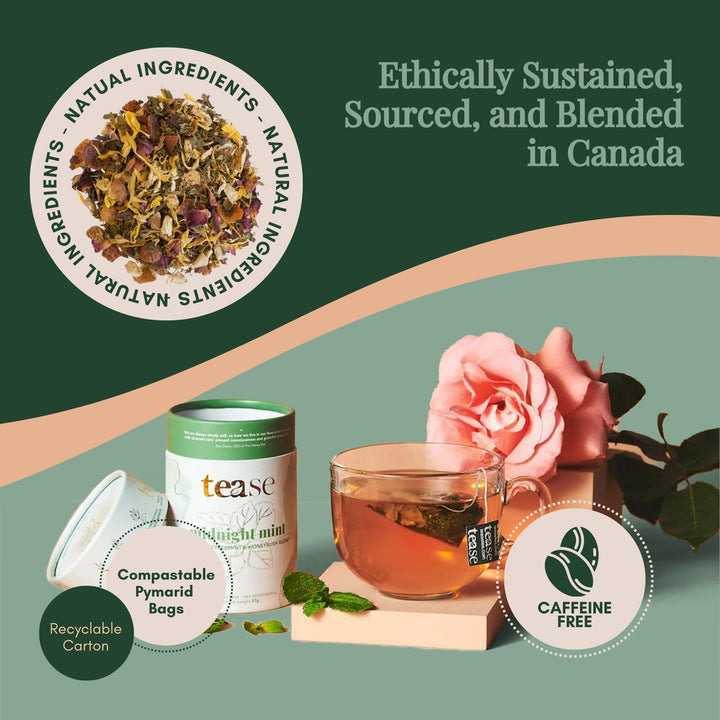 Tease Tea Organic Midnight Mint - Caffeine-Free Herbal Digestive Blend with Peppermint, Spearmint & Peach - Canadian Distribution - Ships Free Within Canada on Orders Above CAD $199