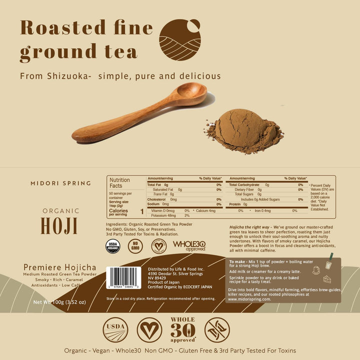 Midori Spring – Organic Hojicha Powder – Roasted Green Tea – Smooth Roast – Antioxidant rich low caffeine