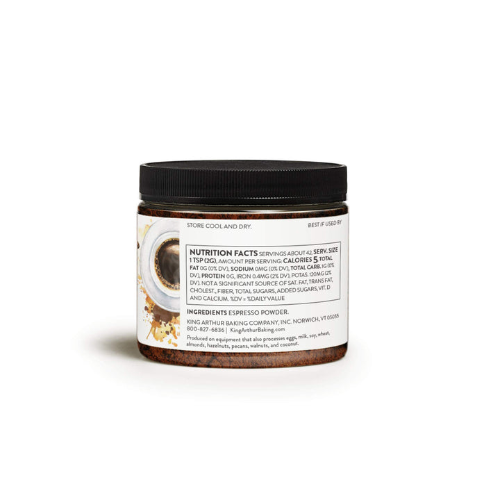 Jar of espresso powder with a label on a white background