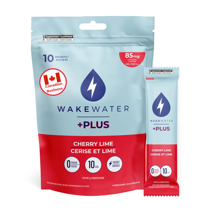 WakeWater Plus – Energy Powder – Cherry Lime – 10 Sticks – Natural green tea caffeine