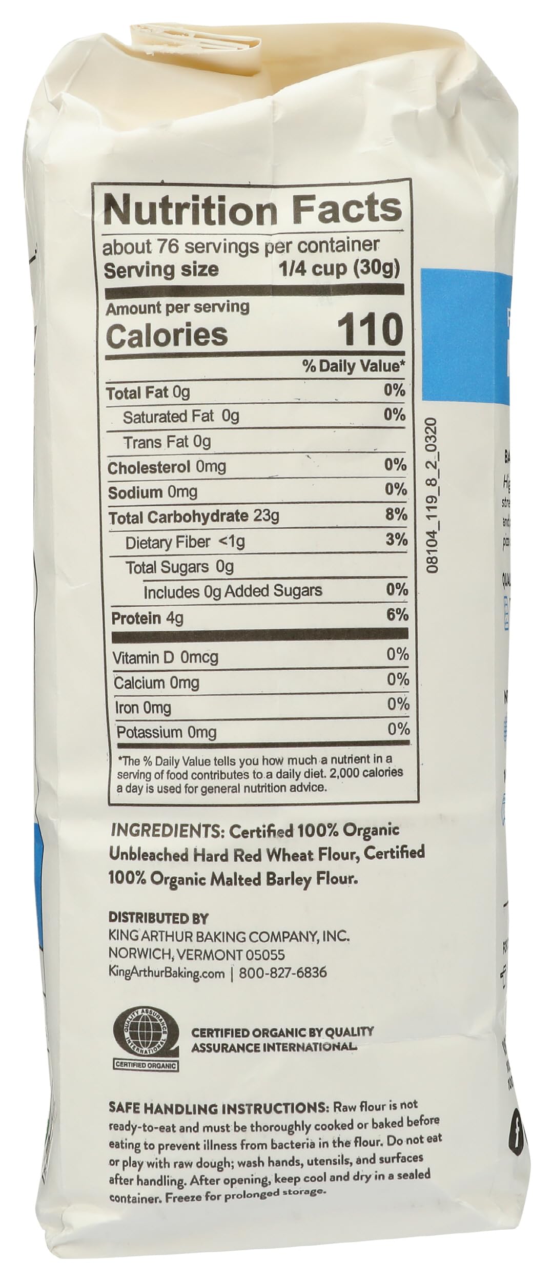 Bag of flour with nutrition facts label and ingredient list.