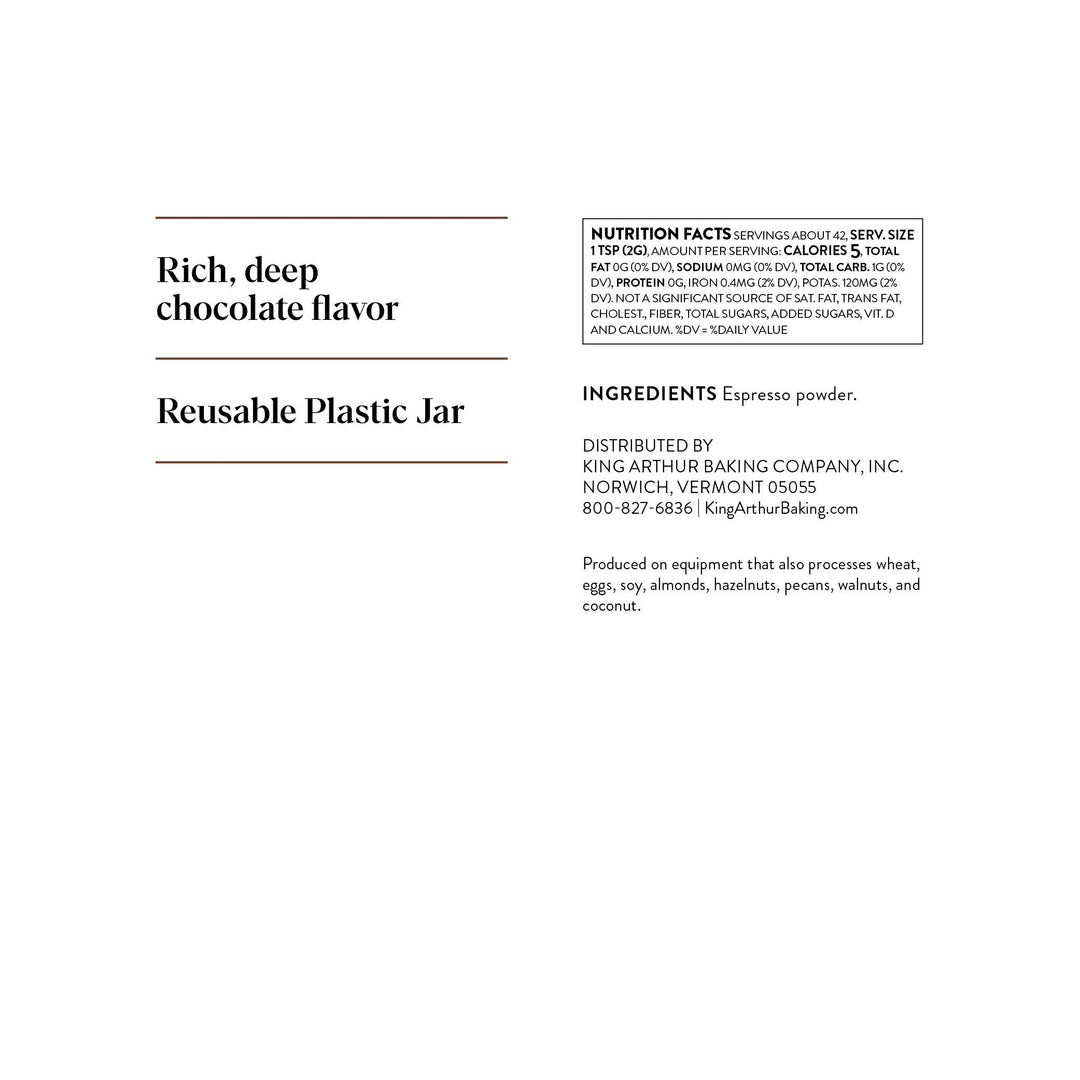 Product label with text about rich, deep chocolate flavor and reusable plastic jar on a white background.