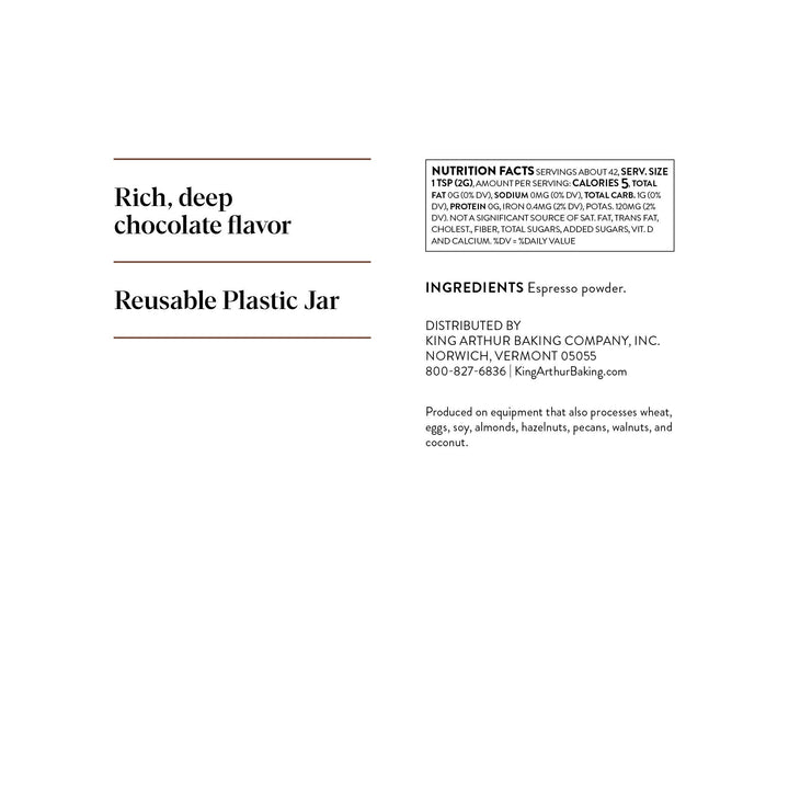 Product label with text about rich, deep chocolate flavor and reusable plastic jar on a white background.