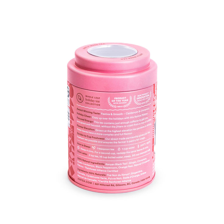 JusTea Holiday Spice Loose Leaf Black Tea | 100g Tin with Carved Tea Spoon | 40+ Servings | Fair Trade & Organic - Canadian Distribution - Ships Free Within Canada on Orders Above CAD $199