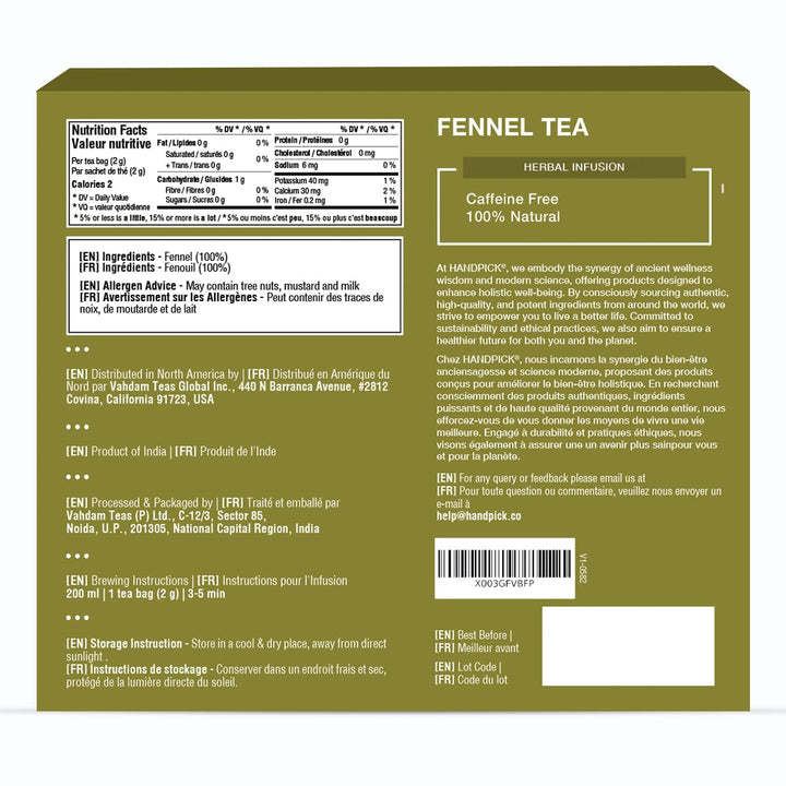 HANDPICK Fennel Tea Bags - 100 Count Herbal Tea, Caffeine-Free, Pure Whole Fennel Seeds - Canadian Distribution - Ships Free Within Canada on Orders Above CAD $199