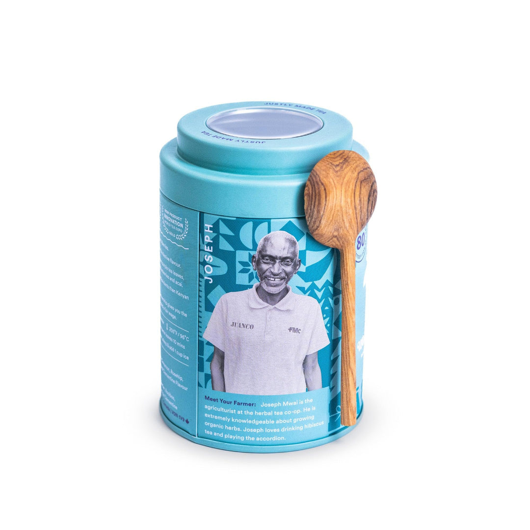 JusTea Winter Wonderland Purple Tea | Loose Leaf in Tin with Carved Spoon | 40+ Servings (80g) | Low Caffeine, Award-Winning, Fair Trade & Organic - Canadian Distribution - Ships Free Within Canada on Orders Above CAD $199