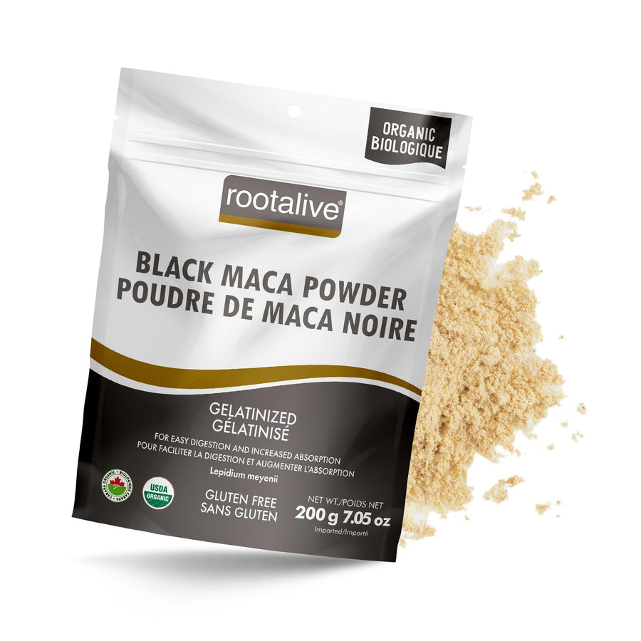 Rootalive black maca powder packaging with a small pile of powder on a white background