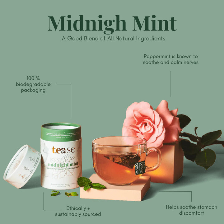 Tease Tea Organic Midnight Mint - Caffeine-Free Herbal Digestive Blend with Peppermint, Spearmint & Peach - Canadian Distribution - Ships Free Within Canada on Orders Above CAD $199