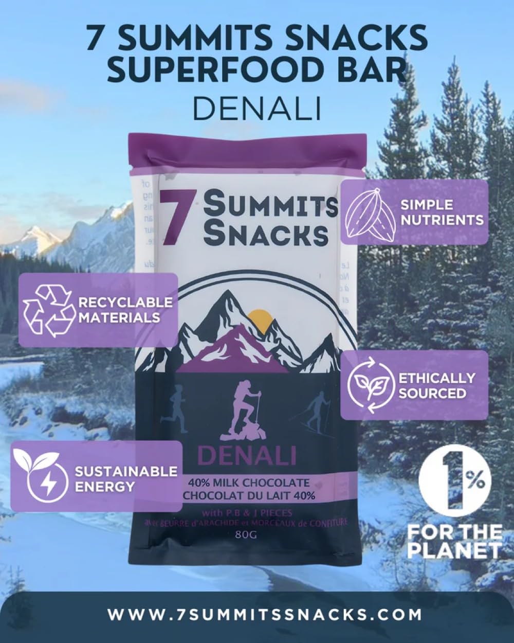 7 Summits Snacks Denali Superfood Chocolate Bar – 12 Pack (80g each) - Canadian Distribution - Ships Free Within Canada on Orders Above CAD $199