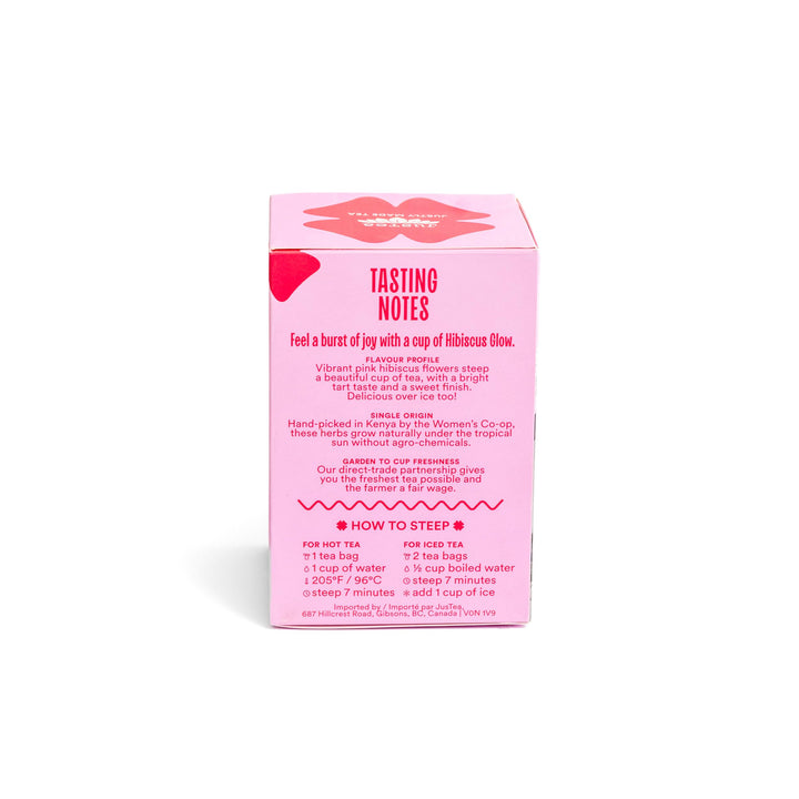 JusTea Hibiscus Glow Herbal Tea - Organic, Caffeine-Free, Fair-Trade, Plastic-Free (2 x 16 Bags) - Canadian Distribution - Ships Free Within Canada on Orders Above CAD $199