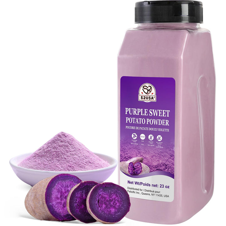 Purple sweet potato powder in a container with a bowl of powder and sliced purple sweet potatoes on a white background.