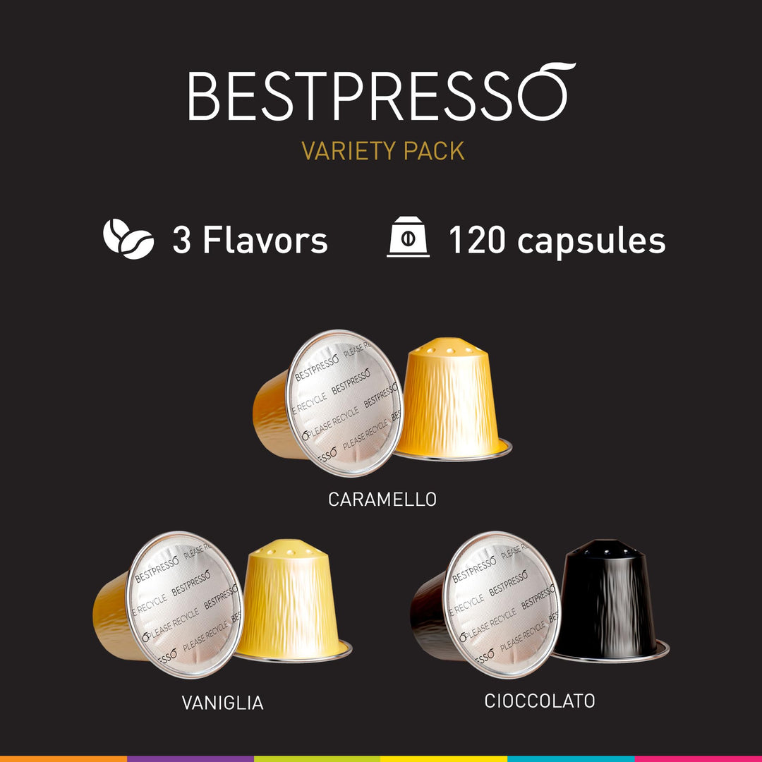Bestpresso – Coffee Pods for Nespresso – Caramel/Vanilla/Chocolate Variety – 120 Pods