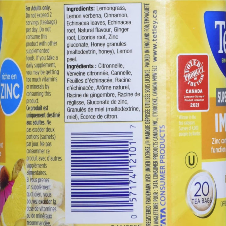 Tetley Super Herbal Tea Lemon & Echinacea - 6 Pack (120 Tea Bags Total) - Canadian Distribution - Ships Free Within Canada on Orders Above CAD $199