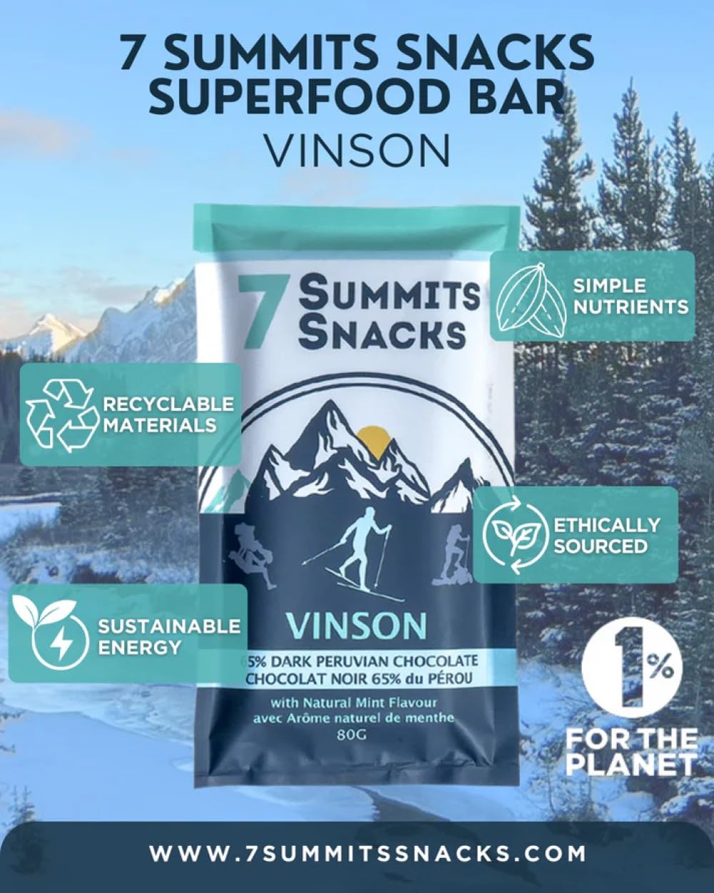 7 Summits Snacks Vinson Superfood Chocolate Bar – 12 Pack (80g each) - Canadian Distribution - Ships Free Within Canada on Orders Above CAD $199