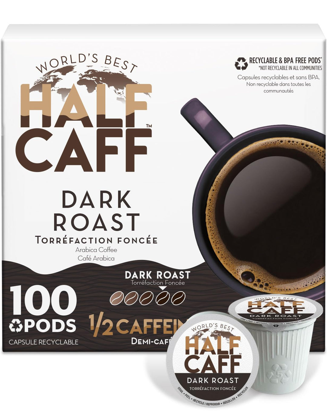 World’s Best – Half Caff Coffee Pods – Dark Roast – 100 Count – Recyclable pods