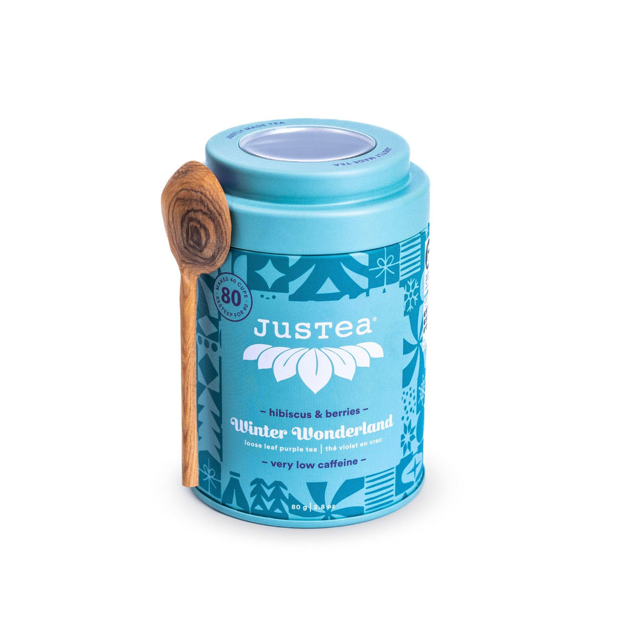 JusTea Winter Wonderland Purple Tea | Loose Leaf in Tin with Carved Spoon | 40+ Servings (80g) | Low Caffeine, Award-Winning, Fair Trade & Organic - Canadian Distribution - Ships Free Within Canada on Orders Above CAD $199