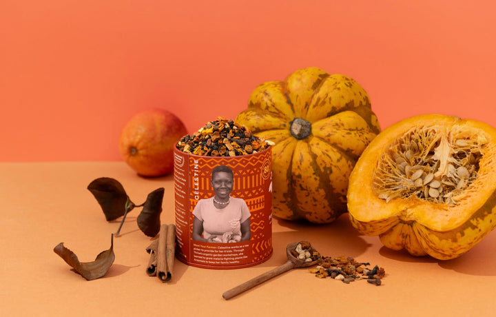 JusTea Pumpkin Spice Loose Leaf Black Tea | 120g Tin with Hand-Carved Spoon | 40+ Servings | Medium Caffeine | Fair Trade & Organic - Canadian Distribution - Ships Free Within Canada on Orders Above CAD $199