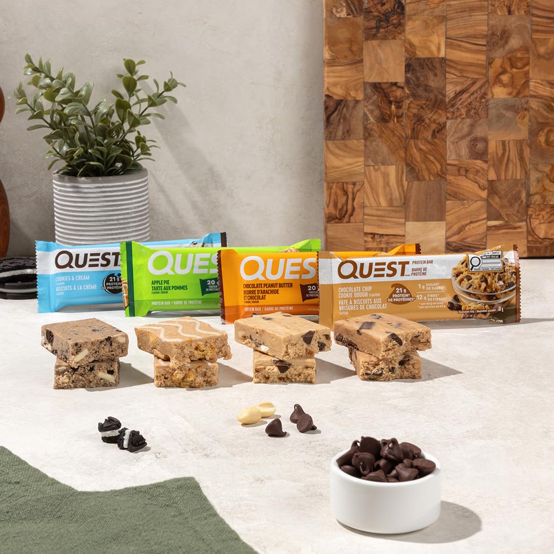 Quest Chocolate Chip Cookie Dough Protein Bar - 21g Protein, 1g Sugar, High Fiber, Keto Friendly (4-Pack) - Canadian Distribution - Ships Free Within Canada on Orders Above CAD $199