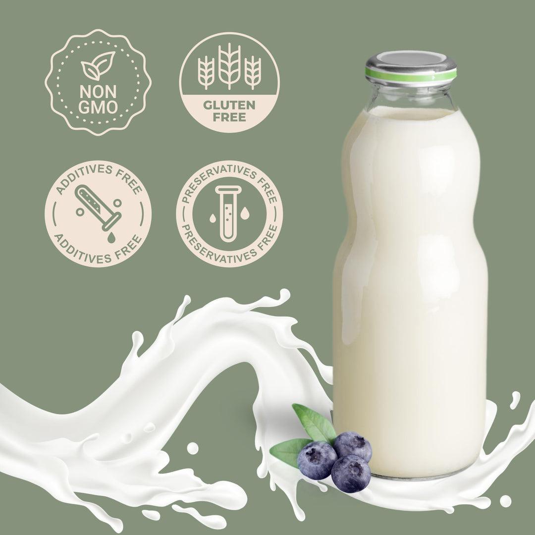 Bottle of milk with blueberries and certification icons on a green background