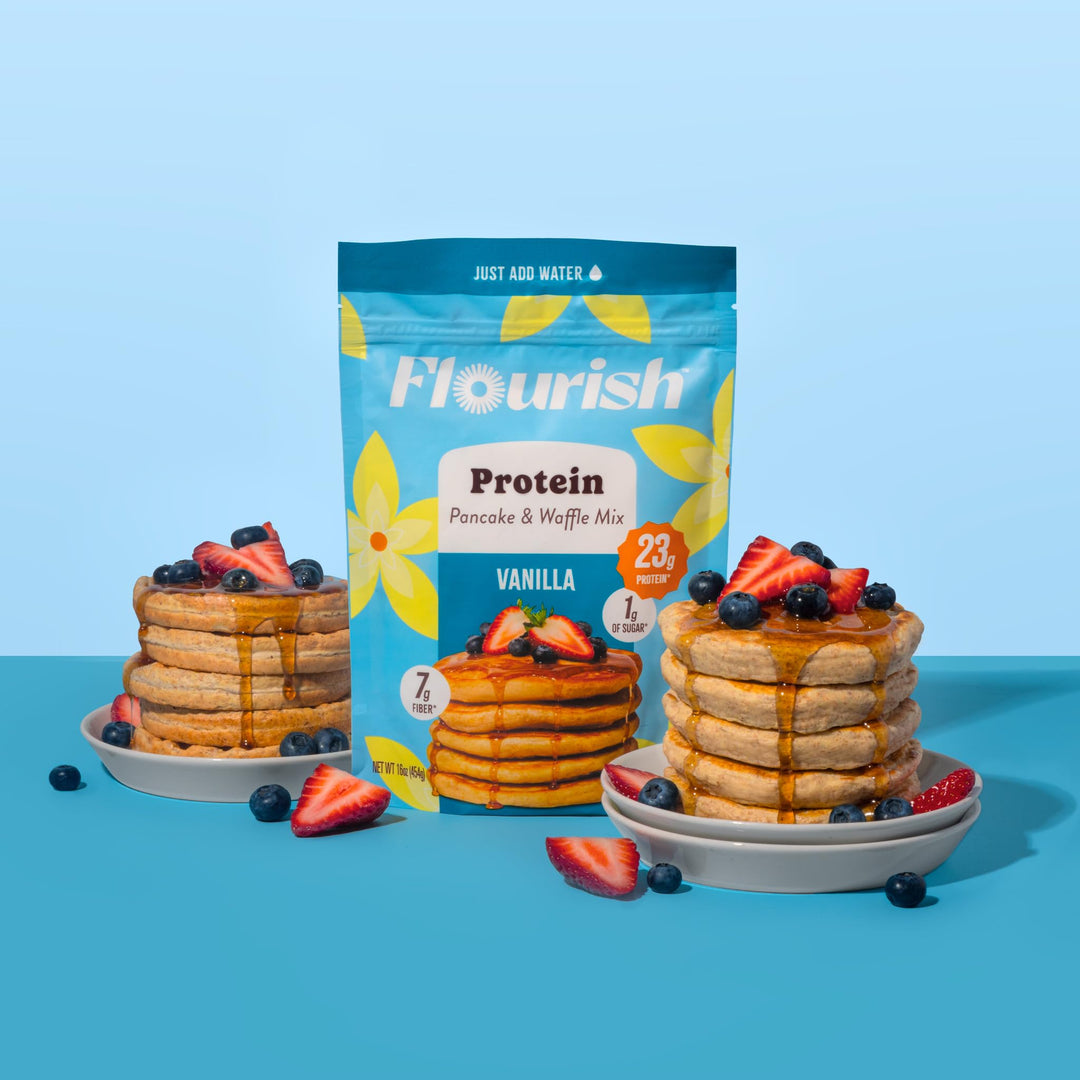 Flourish – Protein Pancake and Waffle Mix – Vanilla – 2 × 430g – High fibre just add water