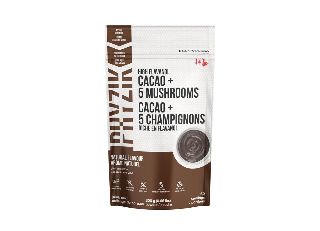 Schinoussa High Flavanol Cacao + 5 Mushrooms Superfood Powder – 300g (60 Servings) | Vegan, Gluten-Free, Antioxidant-Rich Blend - Canadian Distribution - Ships Free Within Canada on Orders Above CAD $199