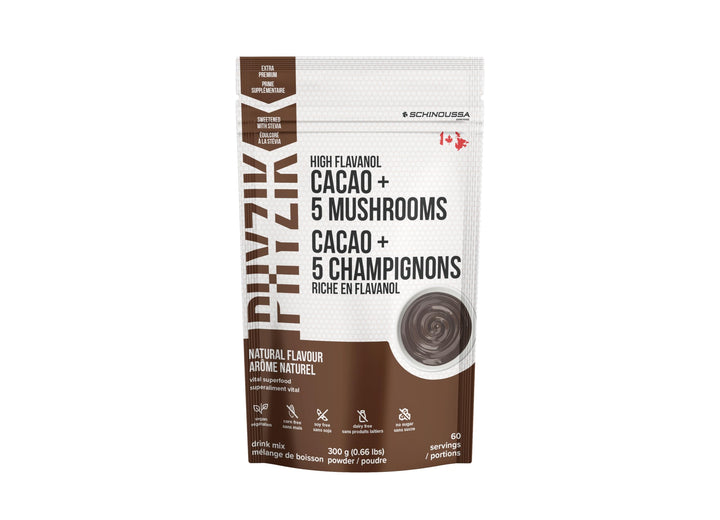 Schinoussa High Flavanol Cacao + 5 Mushrooms Superfood Powder – 300g (60 Servings) | Vegan, Gluten-Free, Antioxidant-Rich Blend - Canadian Distribution - Ships Free Within Canada on Orders Above CAD $199