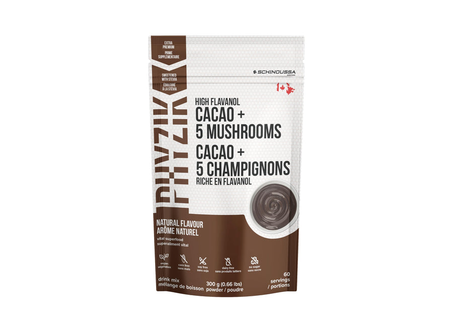 Schinoussa High Flavanol Cacao + 5 Mushrooms Superfood Powder – 300g (60 Servings) | Vegan, Gluten-Free, Antioxidant-Rich Blend - Canadian Distribution - Ships Free Within Canada on Orders Above CAD $199