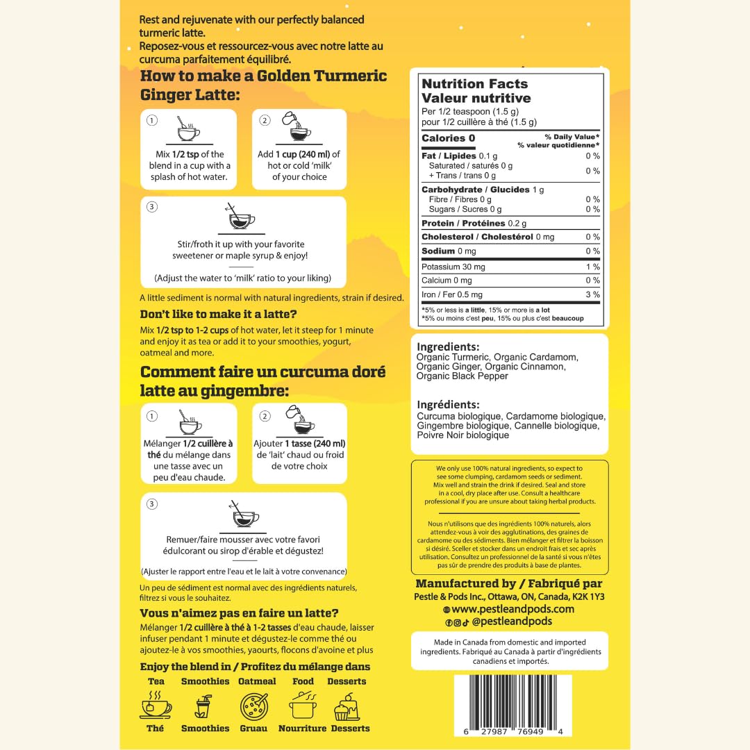 PESTLE & PODS Golden Turmeric Latte Blend | Organic Turmeric, Ginger, Cardamom, Cinnamon & Black Pepper | Caffeine-Free Coffee Alternative | 70g, 40 Servings - Canadian Distribution - Ships Free Within Canada on Orders Above CAD $199