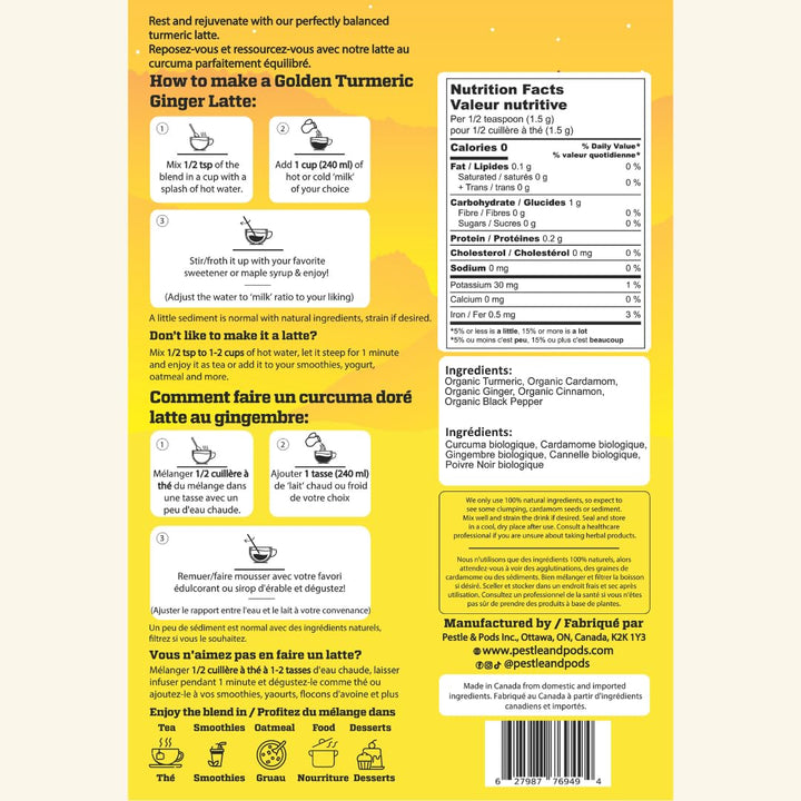 PESTLE & PODS Golden Turmeric Latte Blend | Organic Turmeric, Ginger, Cardamom, Cinnamon & Black Pepper | Caffeine-Free Coffee Alternative | 70g, 40 Servings - Canadian Distribution - Ships Free Within Canada on Orders Above CAD $199