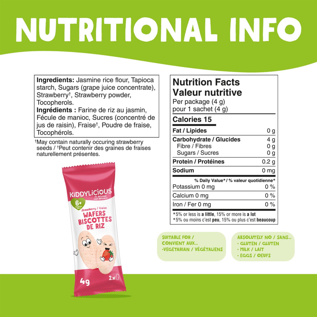 Kiddylicious Strawberry Wafers – Gentle Baby Snacks for 6+ Months – Gluten-Free, Dairy-Free & Vegan – 24 Pieces, 96g - Canadian Distribution - Ships Free Within Canada on Orders Above CAD $199