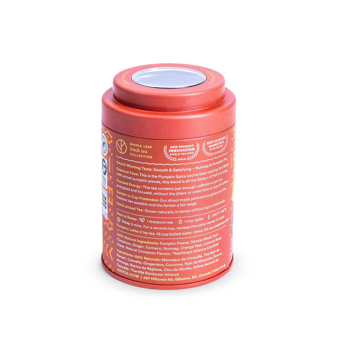 JusTea Pumpkin Spice Loose Leaf Black Tea | 120g Tin with Hand-Carved Spoon | 40+ Servings | Medium Caffeine | Fair Trade & Organic - Canadian Distribution - Ships Free Within Canada on Orders Above CAD $199