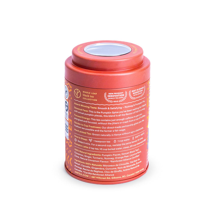 JusTea Pumpkin Spice Loose Leaf Black Tea | 120g Tin with Hand-Carved Spoon | 40+ Servings | Medium Caffeine | Fair Trade & Organic - Canadian Distribution - Ships Free Within Canada on Orders Above CAD $199