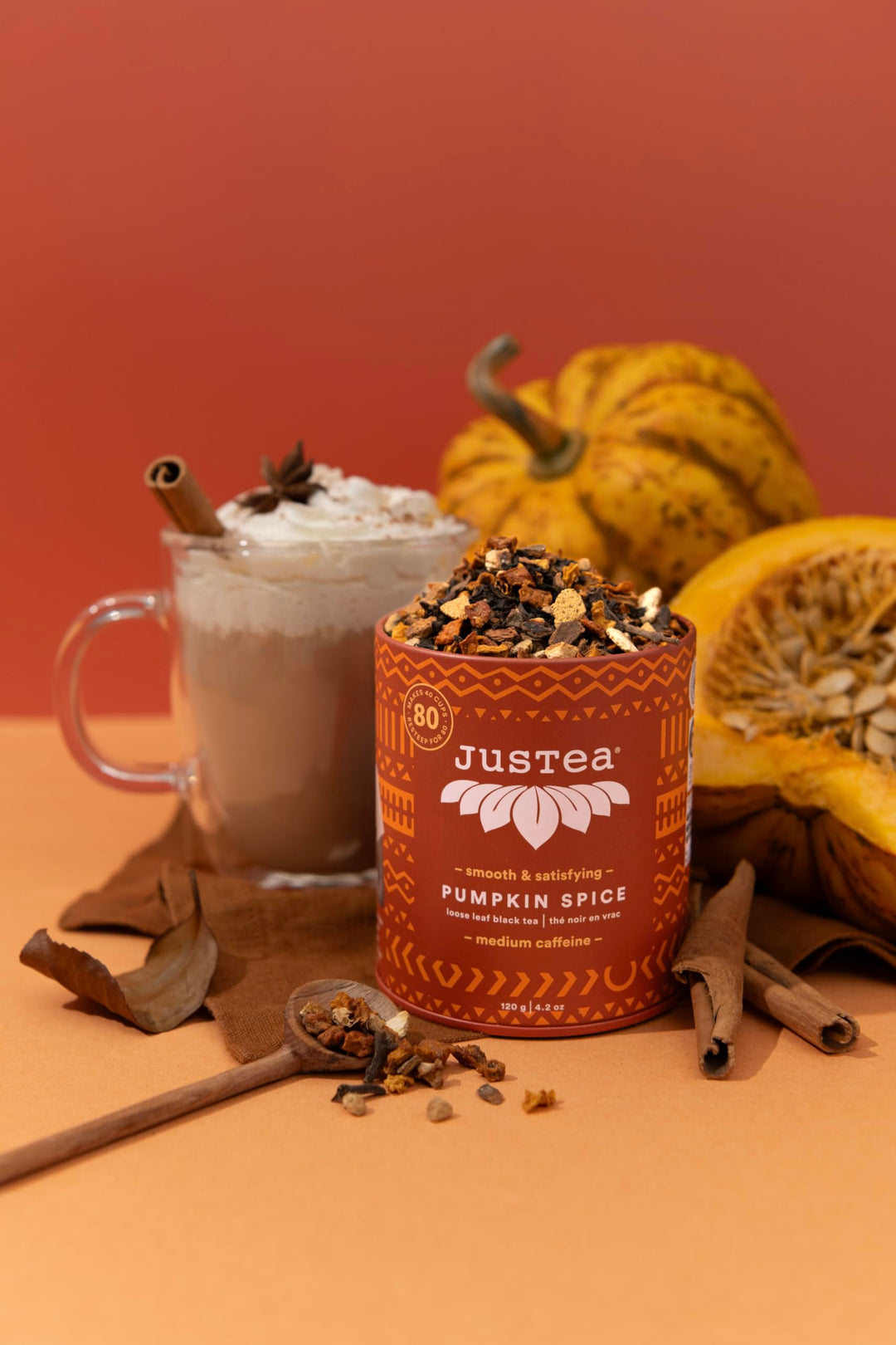 JusTea Pumpkin Spice Loose Leaf Black Tea | 120g Tin with Hand-Carved Spoon | 40+ Servings | Medium Caffeine | Fair Trade & Organic - Canadian Distribution - Ships Free Within Canada on Orders Above CAD $199