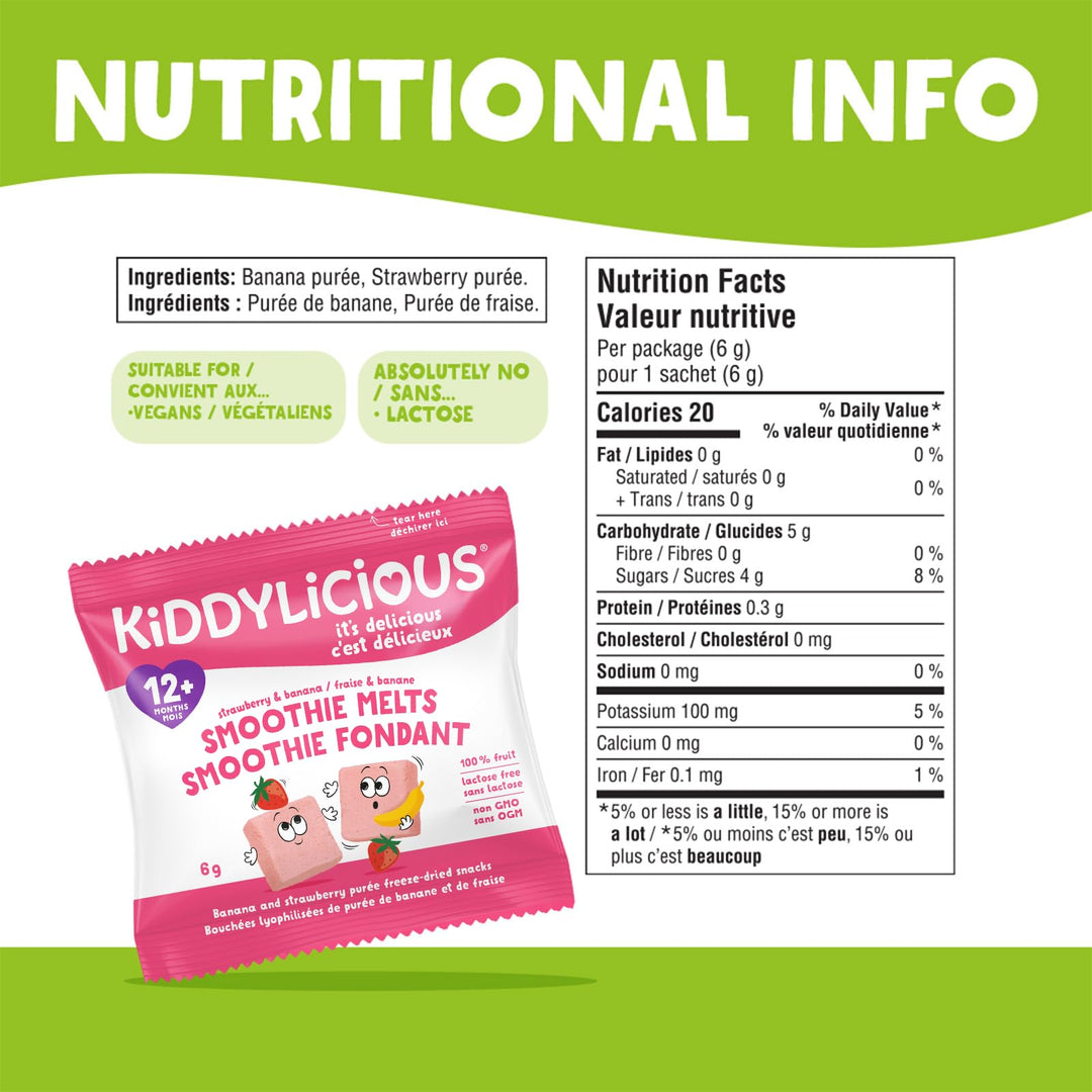 Kiddylicious Strawberry & Banana Smoothie Melts - 16 Portions, 96g - Canadian Distribution - Ships Free Within Canada on Orders Above CAD $199