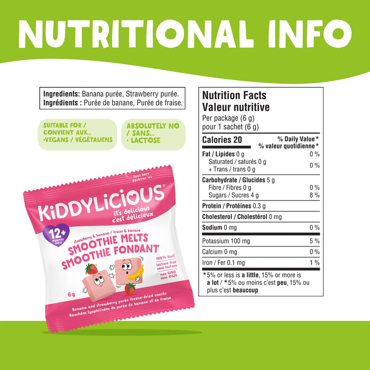 Kiddylicious Strawberry & Banana Smoothie Melts - 16 Portions, 96g - Canadian Distribution - Ships Free Within Canada on Orders Above CAD $199