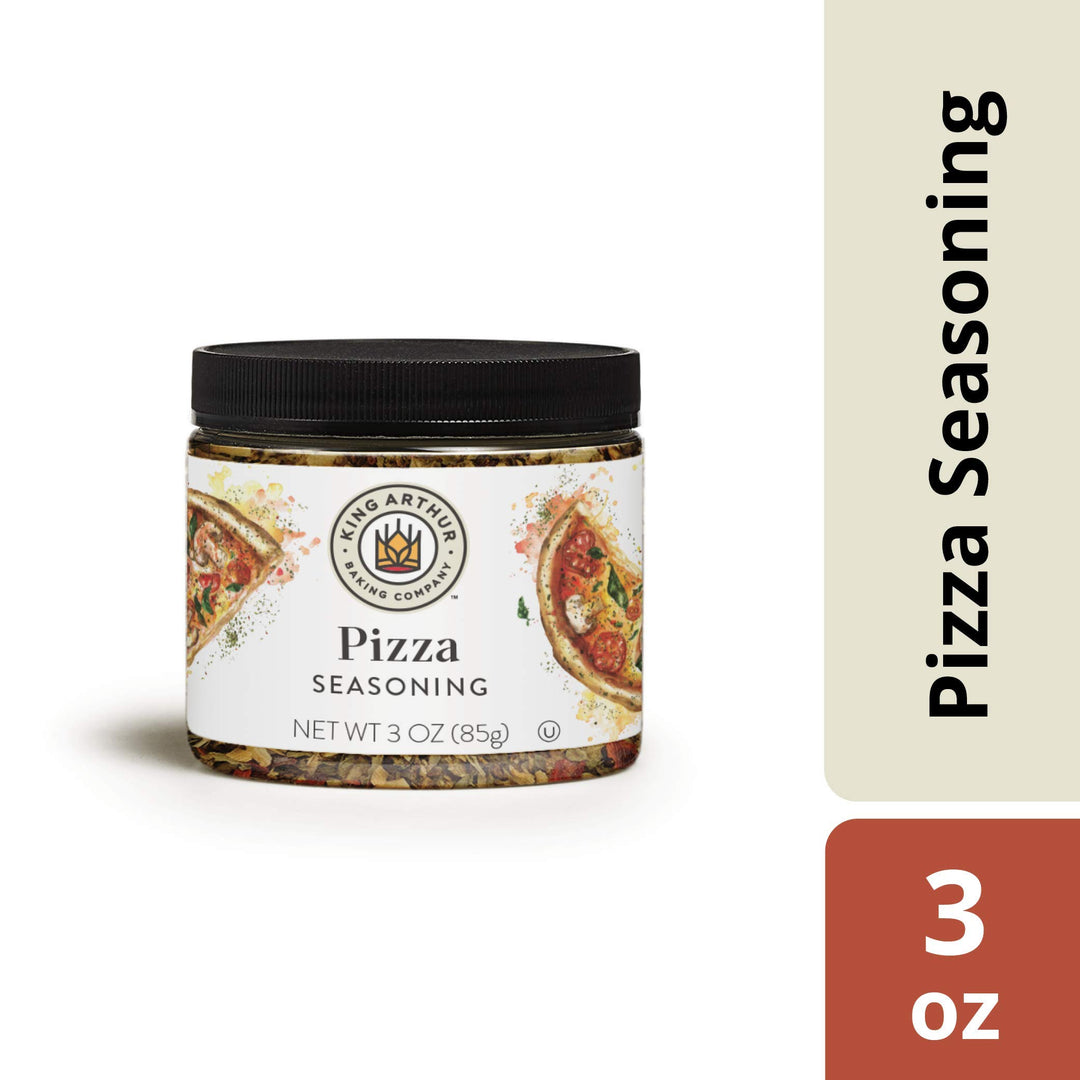 Jar of King Arthur Pizza Seasoning with label and text on a white background