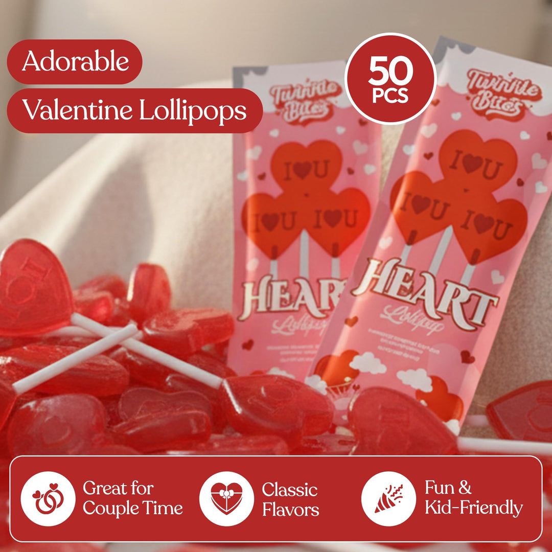 Lot de 50 sucettes pour la Saint-Valentin – Sucettes en forme de cœur emballées individuellement – ​​Saveurs délicieuses : fraise, framboise, tutti frutti