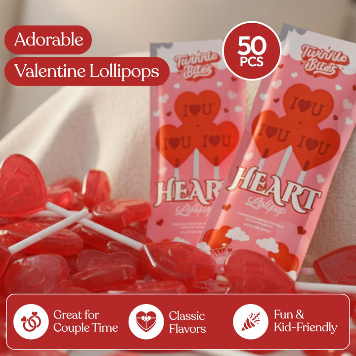 Lot de 50 sucettes pour la Saint-Valentin – Sucettes en forme de cœur emballées individuellement – ​​Saveurs délicieuses : fraise, framboise, tutti frutti