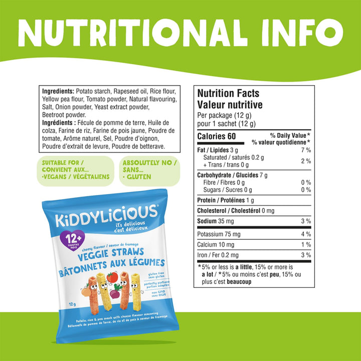 Kiddylicious Cheesy Straws - Crunchy Snack for Toddlers 12+ Months - Gluten Free, Vegan - 16 Portions (4 x 12g) - Canadian Distribution - Ships Free Within Canada on Orders Above CAD $199