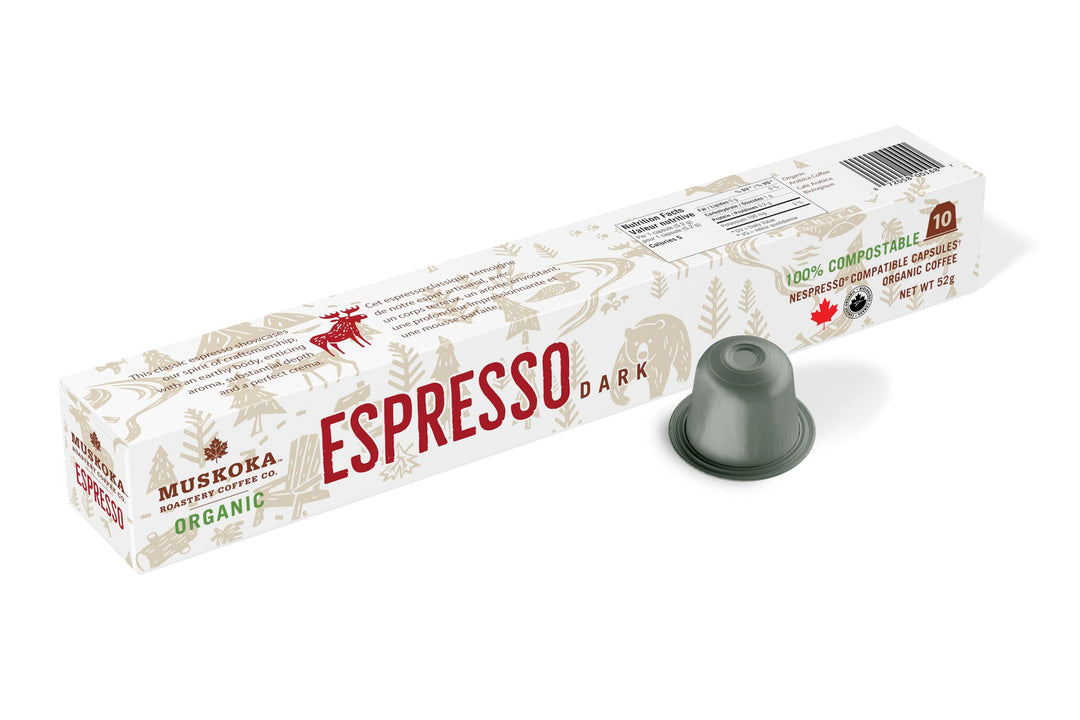 Muskoka Roastery Coffee, dosettes d'espresso biologiques, torréfaction foncée, 10 capsules d'espresso, compatibles avec les machines Nespresso Original Line